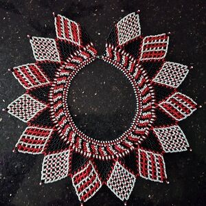 Authentic Zulu Spear Fringe Beaded Necklace in Red, Black, & White - Never Worn!